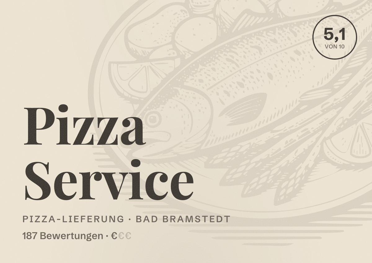 Illustriertes Poster von Pizza Service, Pizza-Lieferung in Bad Bramstedt: Bewertung 5,1 von 10 aus 187 Bewertungen, Preisniveau €