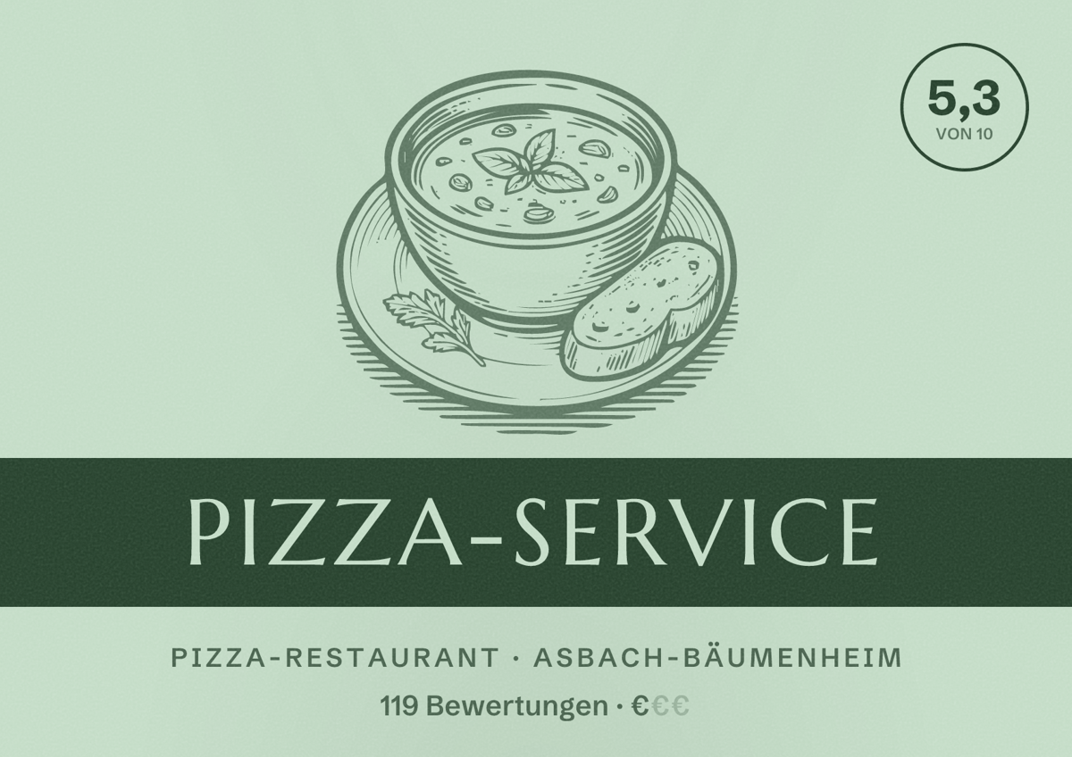 Illustriertes Poster von Pizza-Service, Pizza-Restaurant in Asbach-Bäumenheim: Bewertung 5,3 von 10 aus 119 Bewertungen, Preisniveau €