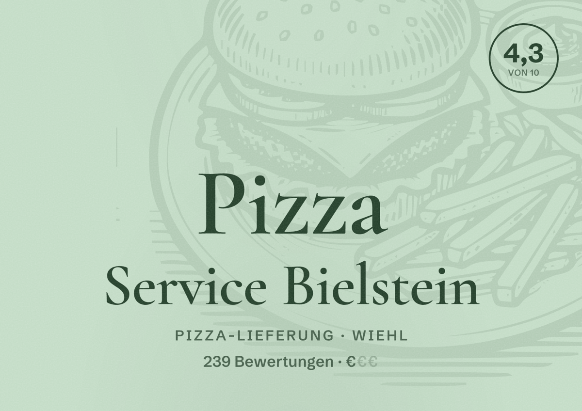 Illustriertes Poster von Pizza Service Bielstein, Pizza-Lieferung in Wiehl: Bewertung 4,3 von 10 aus 239 Bewertungen, Preisniveau €