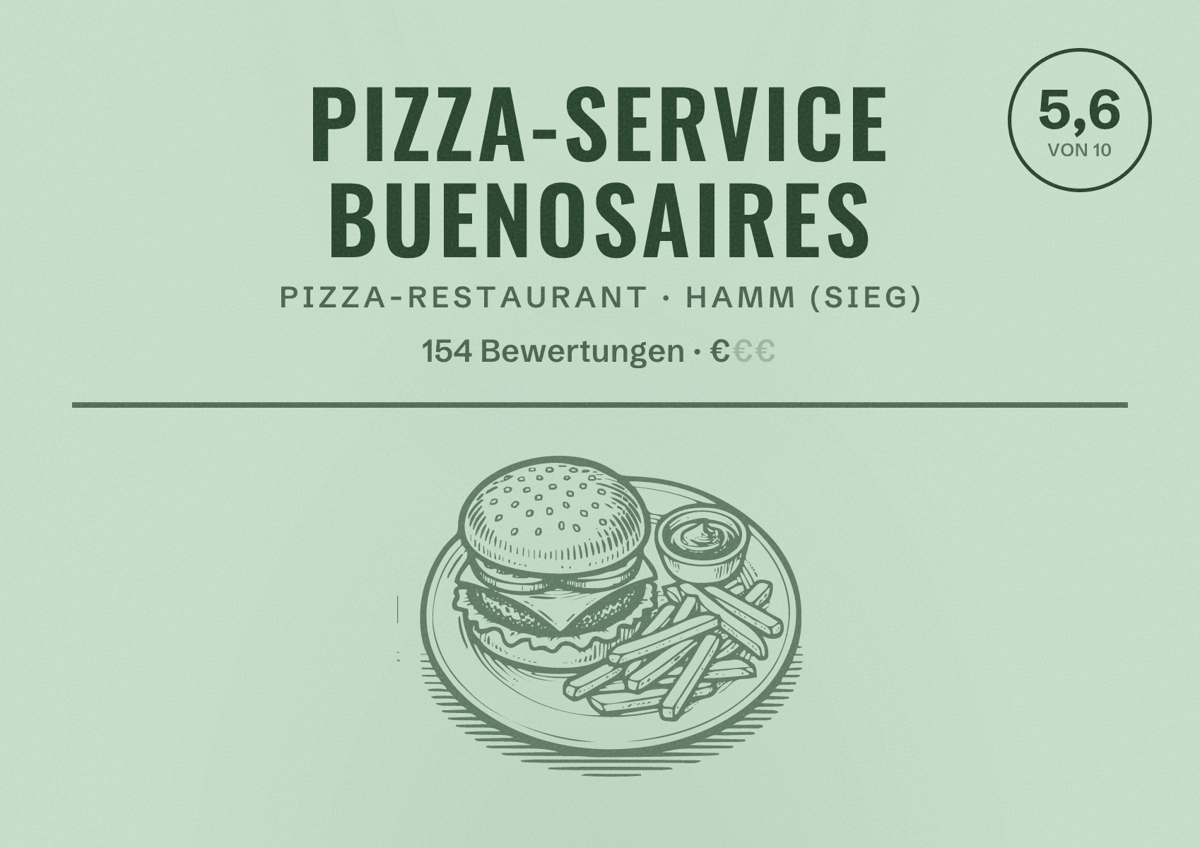 Illustriertes Poster von Pizza-Service Buenosaires, Pizza-Restaurant in Hamm (Sieg): Bewertung 5,6 von 10 aus 154 Bewertungen, Preisniveau €