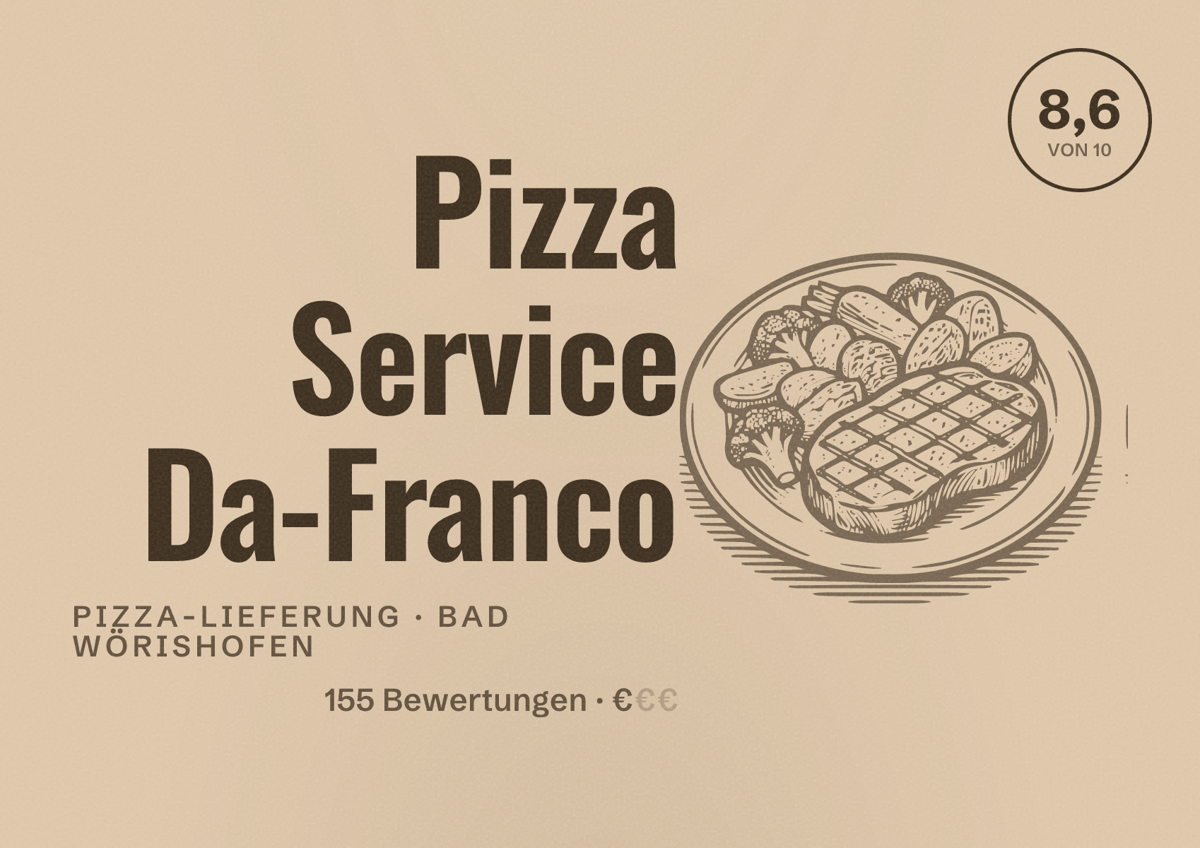 Illustriertes Poster von Pizza Service Da-Franco, Pizza-Lieferung in Bad Wörishofen: Bewertung 8,6 von 10 aus 155 Bewertungen, Preisniveau €