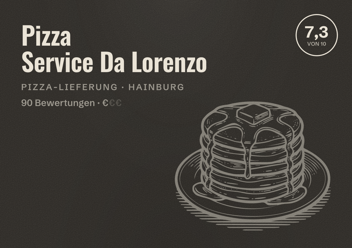 Illustriertes Poster von Pizza Service Da Lorenzo, Pizza-Lieferung in Hainburg: Bewertung 7,3 von 10 aus 90 Bewertungen, Preisniveau €