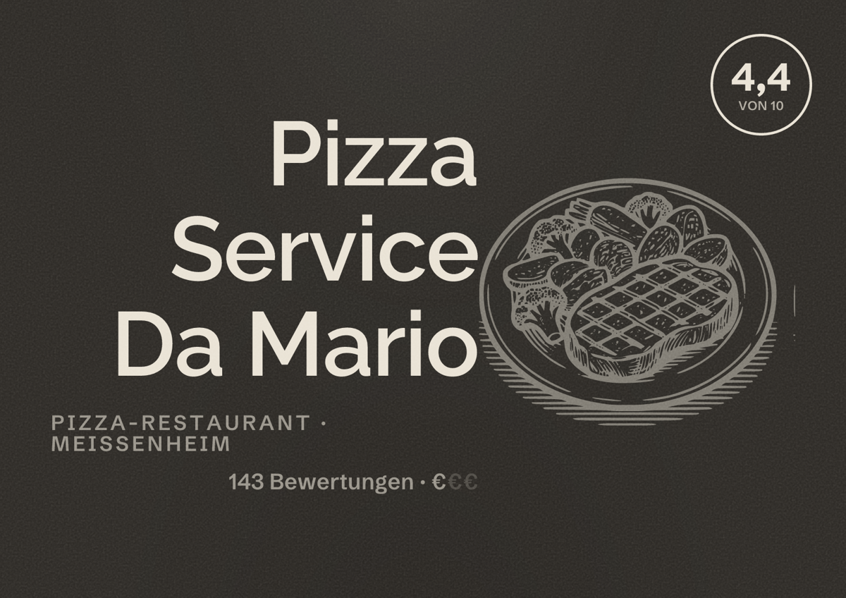 Illustriertes Poster von Pizza Service Da Mario, Pizza-Restaurant in Meißenheim: Bewertung 4,4 von 10 aus 143 Bewertungen, Preisniveau €