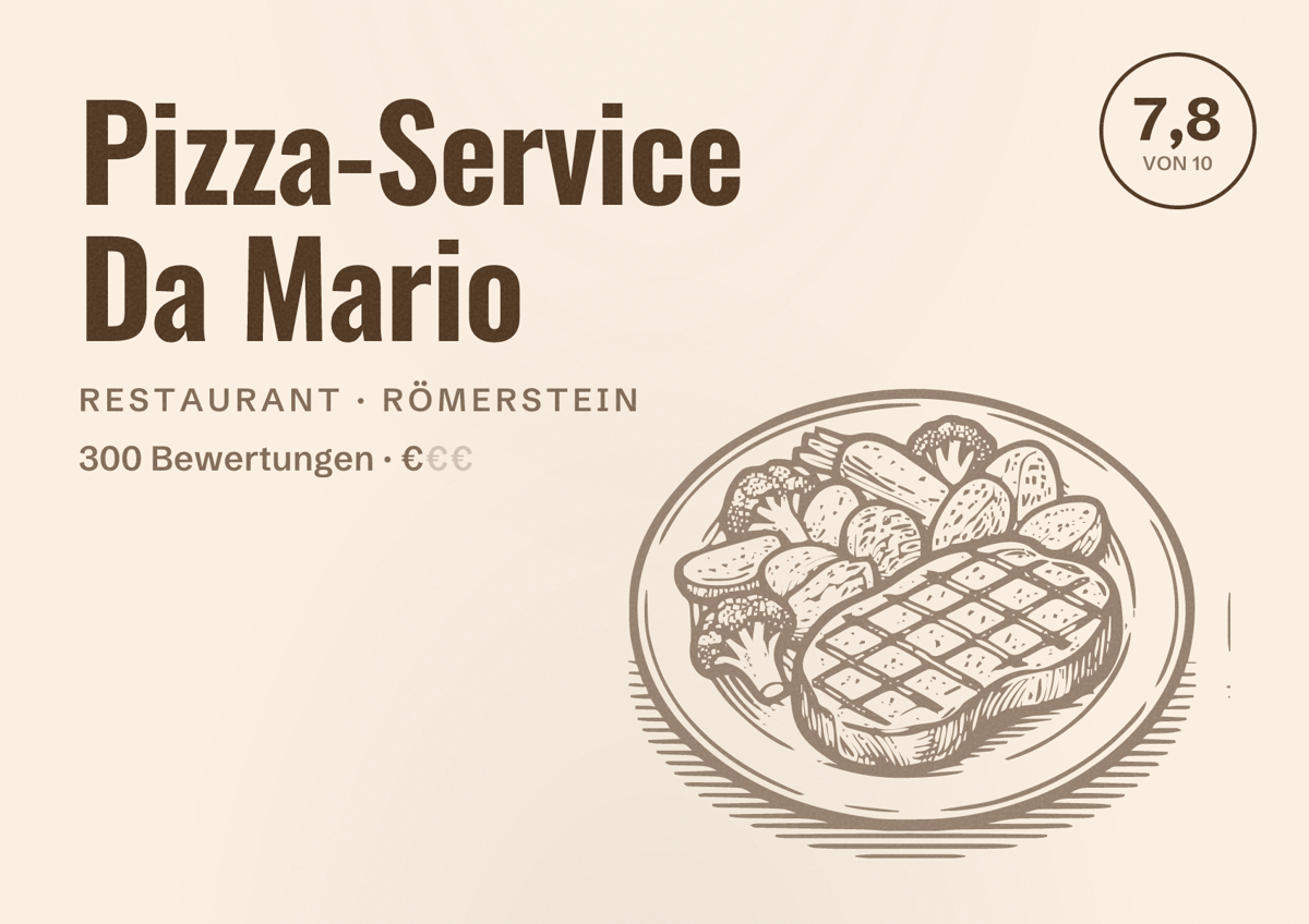 Illustriertes Poster von Pizza-Service Da Mario, Restaurant in Römerstein: Bewertung 7,8 von 10 aus 300 Bewertungen, Preisniveau €