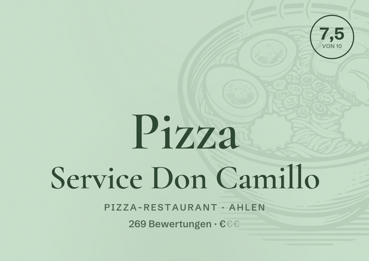 Illustriertes Poster von Pizza Service Don Camillo, Pizza-Restaurant in Ahlen: Bewertung 7,5 von 10 aus 269 Bewertungen, Preisniveau €