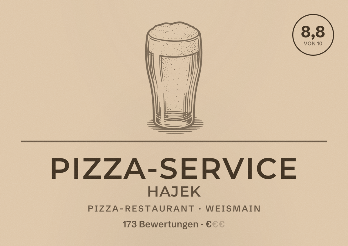 Illustriertes Poster von Pizza-Service Hajek, Pizza-Restaurant in Weismain: Bewertung 8,8 von 10 aus 173 Bewertungen, Preisniveau €