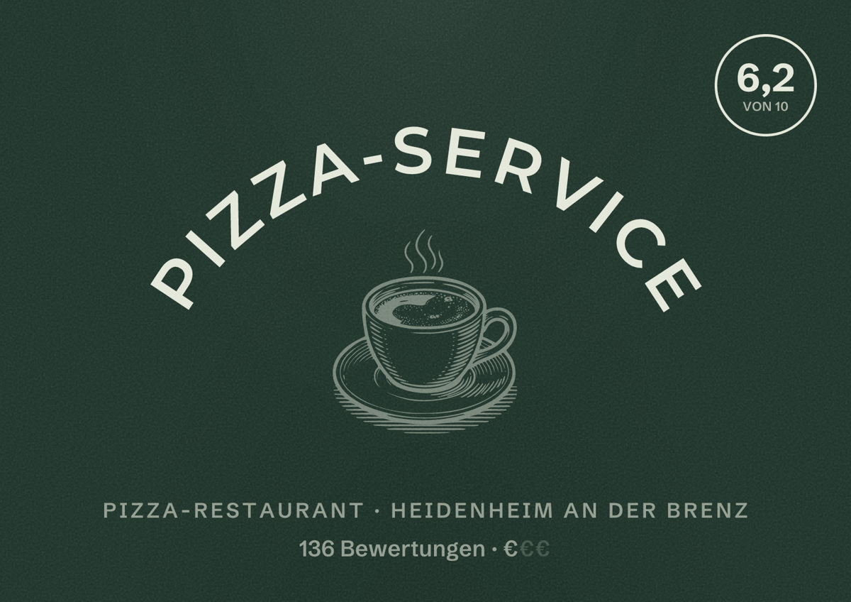 Illustriertes Poster von Pizza-Service, Pizza-Restaurant in Heidenheim an der Brenz: Bewertung 6,2 von 10 aus 136 Bewertungen, Preisniveau €