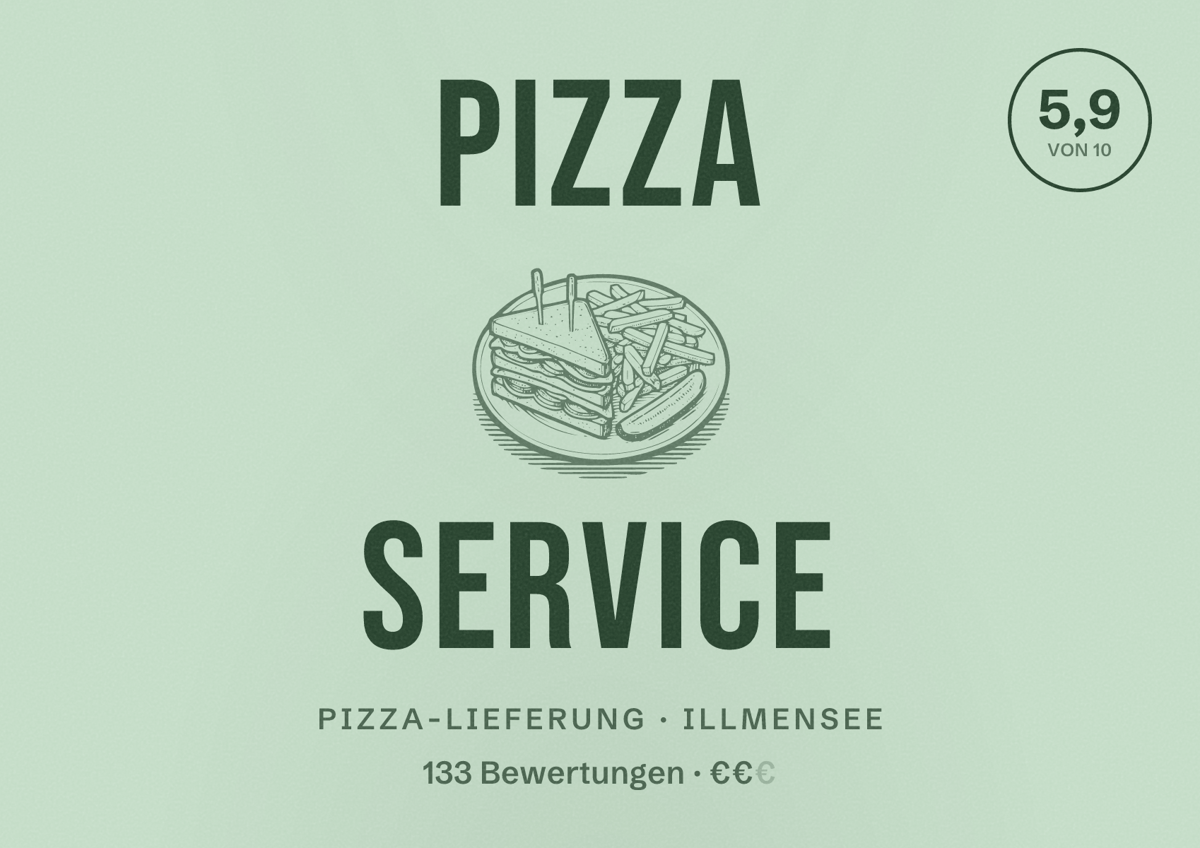 Illustriertes Poster von Pizza Service, Pizza-Lieferung in Illmensee: Bewertung 5,9 von 10 aus 133 Bewertungen, Preisniveau €€