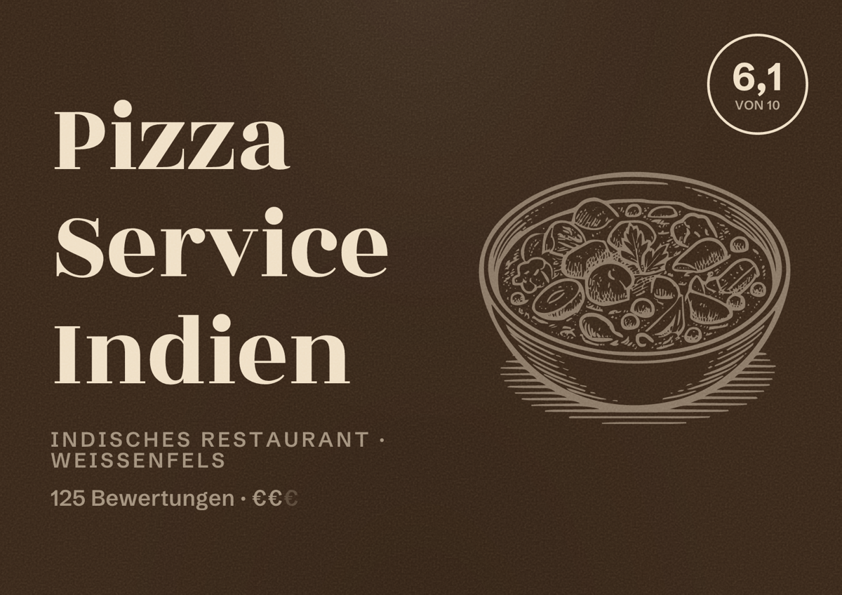 Illustriertes Poster von Pizza Service Indien, Indisches Restaurant in Weißenfels: Bewertung 6,1 von 10 aus 125 Bewertungen, Preisniveau €€