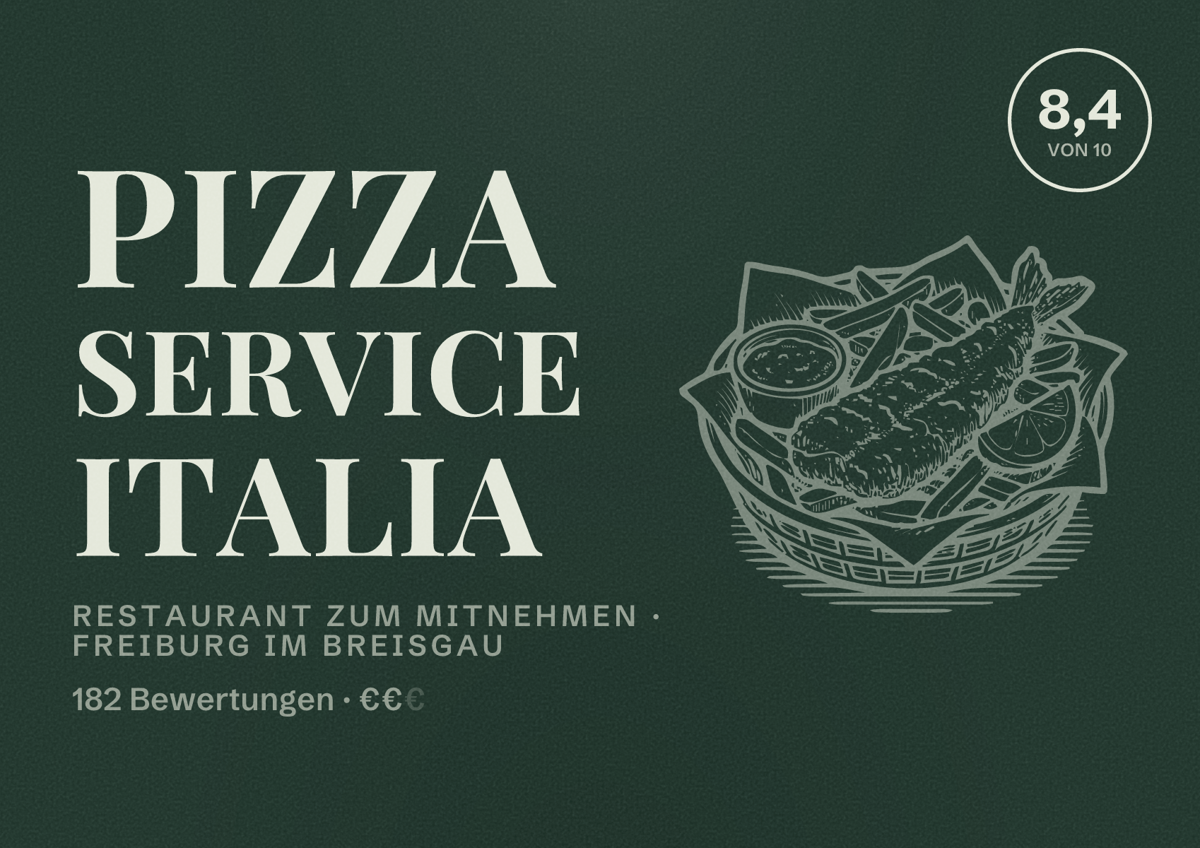 Illustriertes Poster von Pizza Service Italia, Restaurant zum Mitnehmen in Freiburg im Breisgau: Bewertung 8,4 von 10 aus 182 Bewertungen, Preisniveau €€