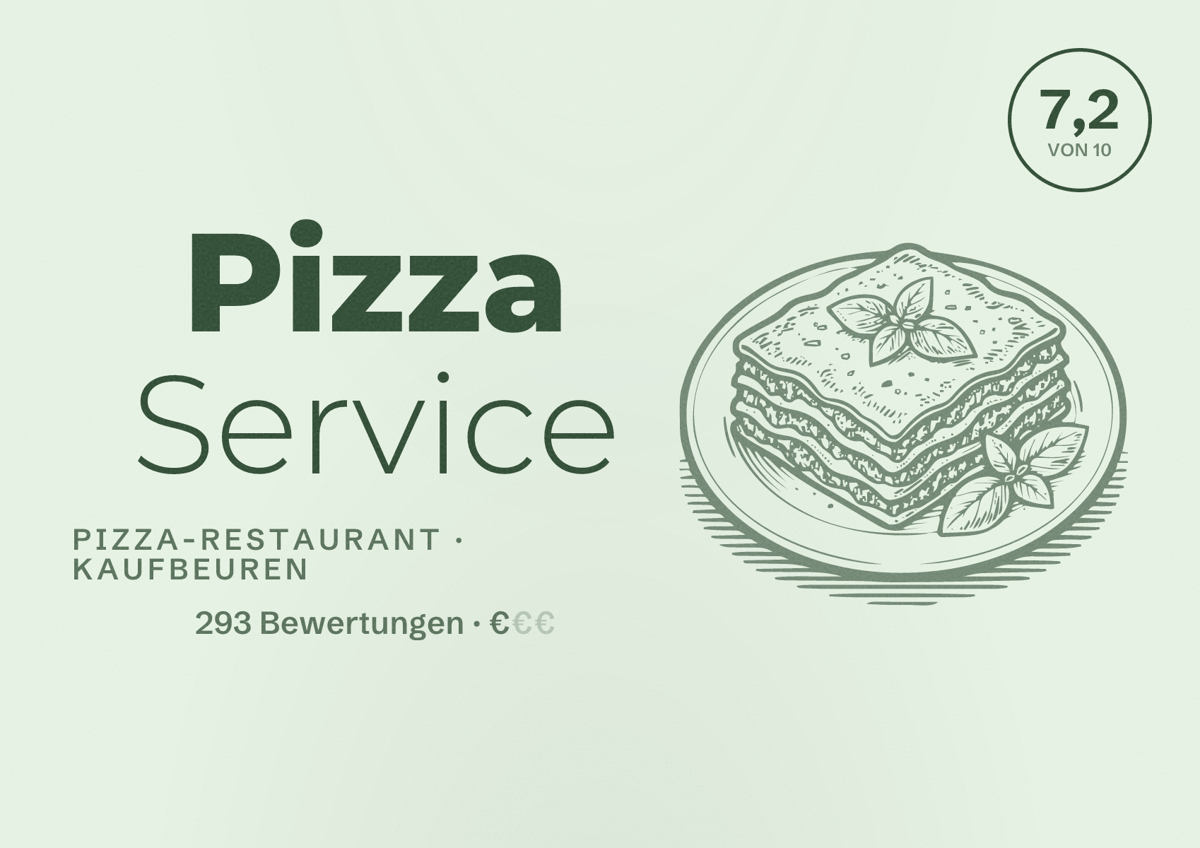 Illustriertes Poster von Pizza Service, Pizza-Restaurant in Kaufbeuren: Bewertung 7,2 von 10 aus 293 Bewertungen, Preisniveau €