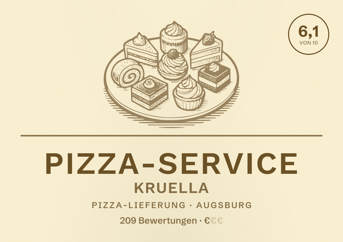Illustriertes Poster von Pizza-Service Kruella, Pizza-Lieferung in Augsburg: Bewertung 6,1 von 10 aus 209 Bewertungen, Preisniveau €