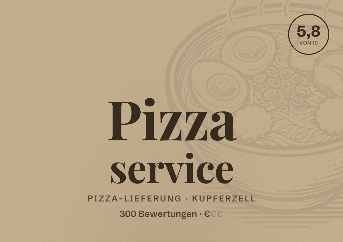 Illustriertes Poster von Pizza service, Pizza-Lieferung in Kupferzell: Bewertung 5,8 von 10 aus 300 Bewertungen, Preisniveau €