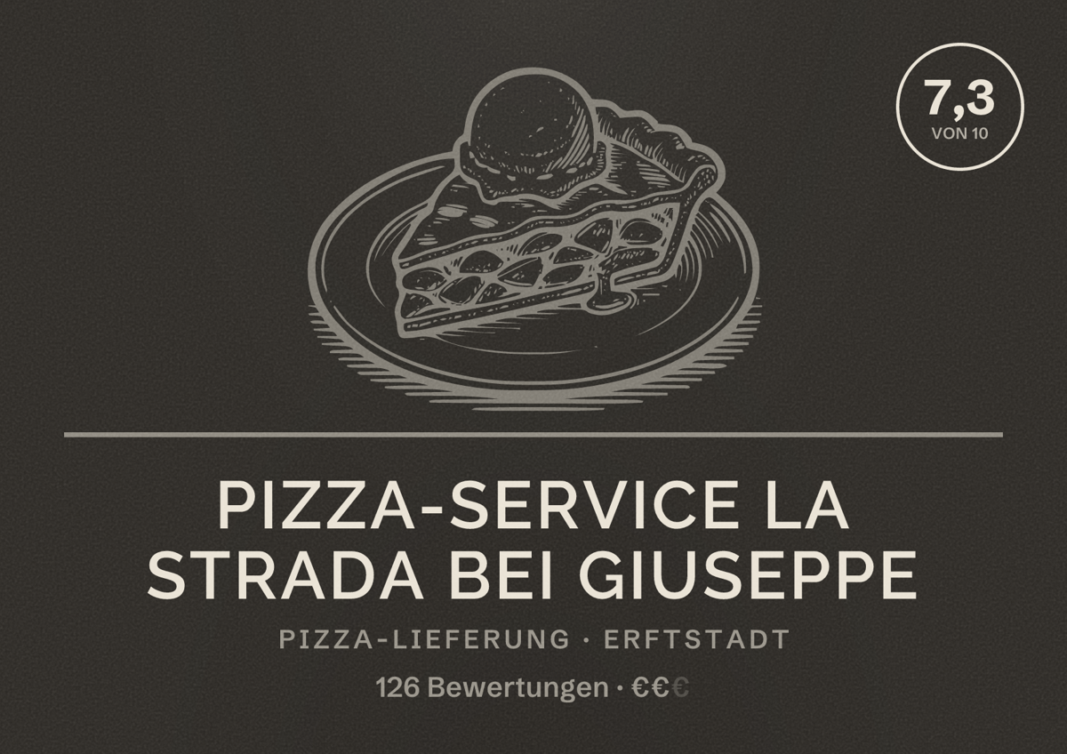Illustriertes Poster von Pizza-Service La Strada bei Giuseppe, Pizza-Lieferung in Erftstadt: Bewertung 7,3 von 10 aus 126 Bewertungen, Preisniveau €€