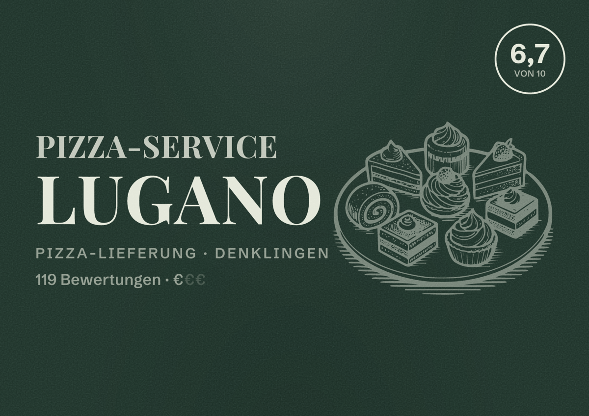 Illustriertes Poster von Pizza-Service Lugano, Pizza-Lieferung in Denklingen: Bewertung 6,7 von 10 aus 119 Bewertungen, Preisniveau €