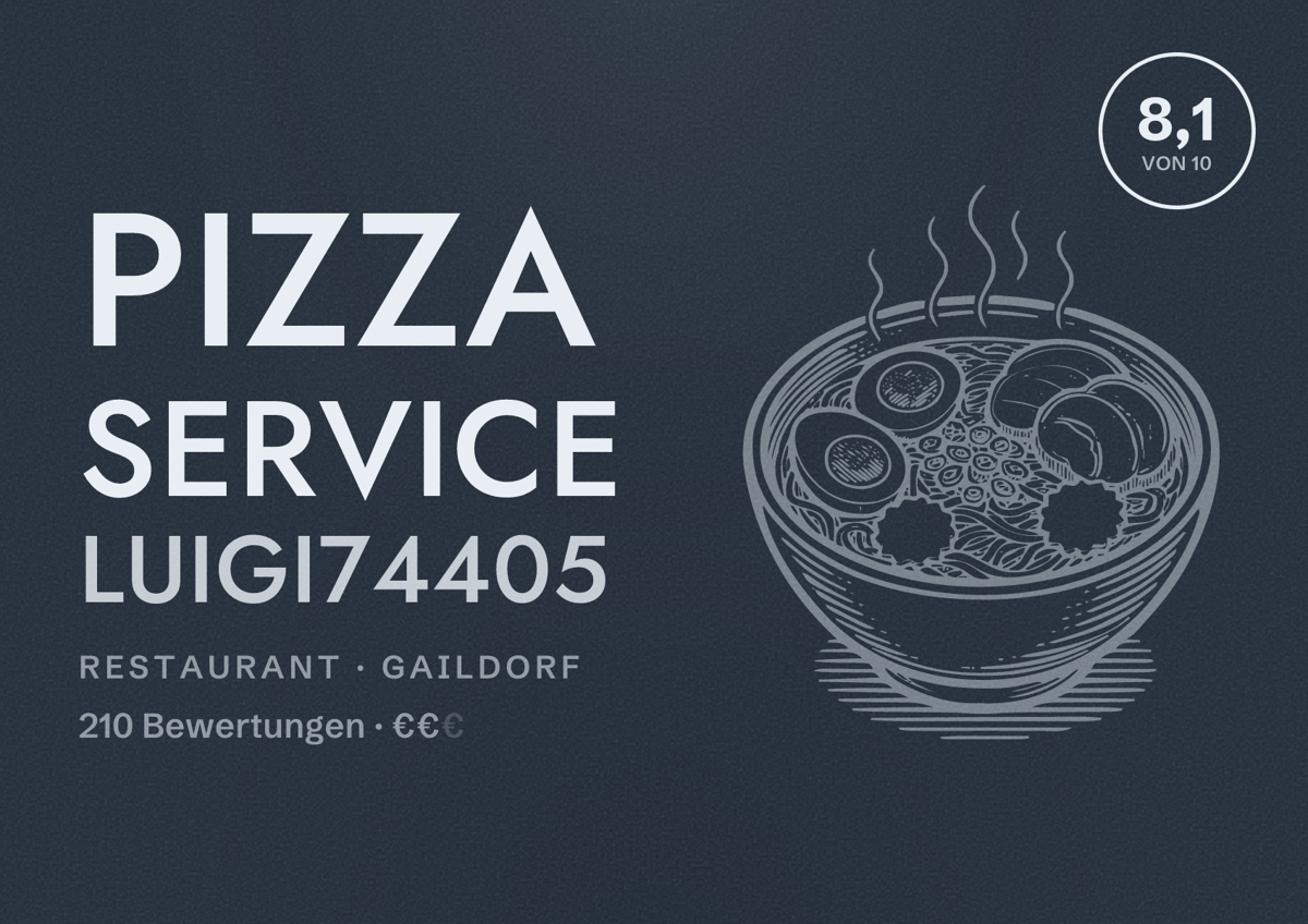 Illustriertes Poster von Pizza Service Luigi74405, Restaurant in Gaildorf: Bewertung 8,1 von 10 aus 210 Bewertungen, Preisniveau €€