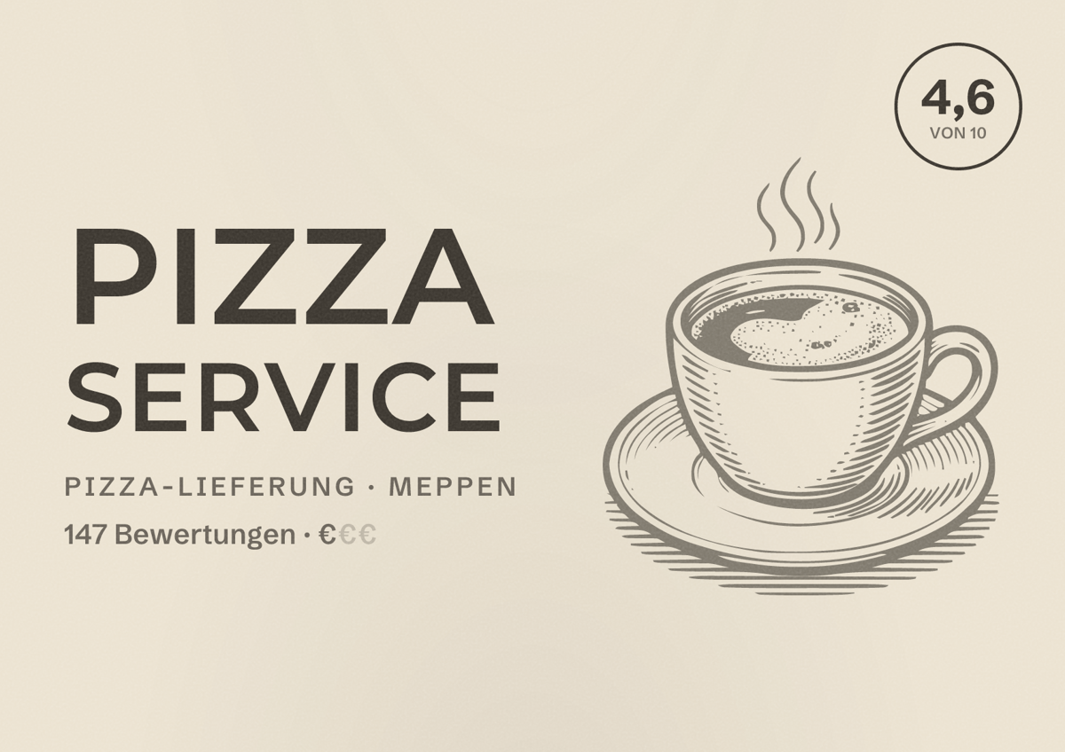 Illustriertes Poster von Pizza Service, Pizza-Lieferung in Meppen: Bewertung 4,6 von 10 aus 147 Bewertungen, Preisniveau €