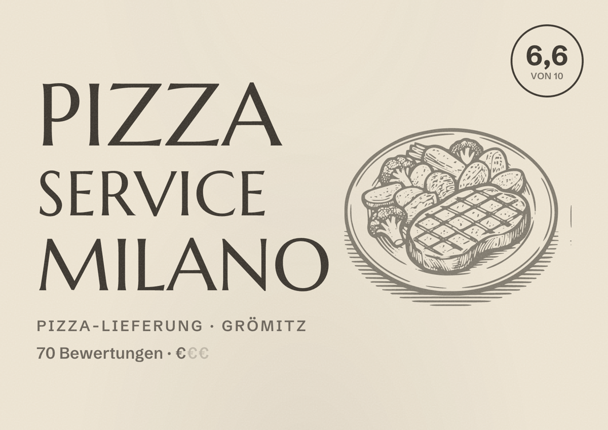 Illustriertes Poster von Pizza Service Milano, Pizza-Lieferung in Grömitz: Bewertung 6,6 von 10 aus 70 Bewertungen, Preisniveau €