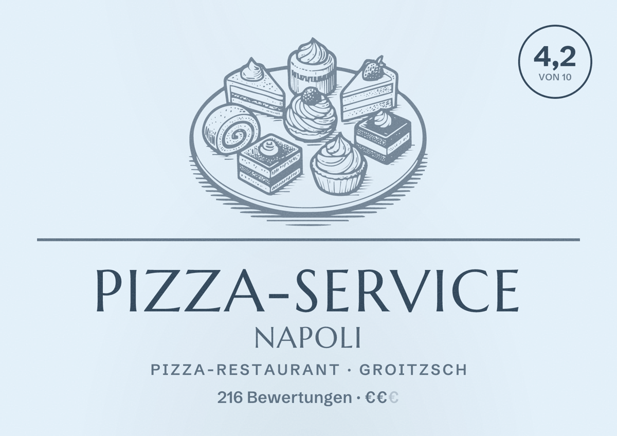 Illustriertes Poster von Pizza-Service Napoli, Pizza-Restaurant in Groitzsch: Bewertung 4,2 von 10 aus 216 Bewertungen, Preisniveau €€