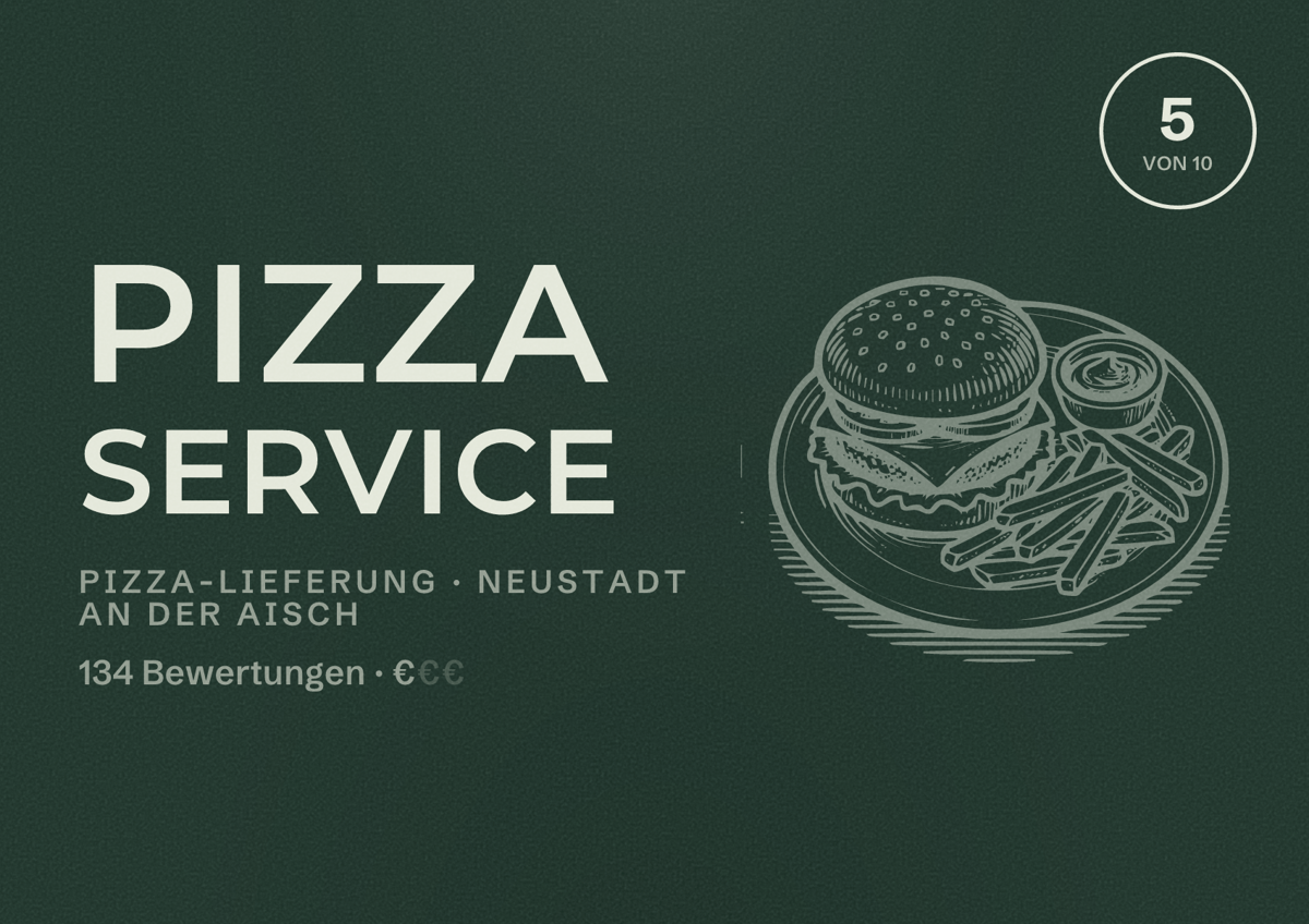 Illustriertes Poster von Pizza Service, Pizza-Lieferung in Neustadt an der Aisch: Bewertung 5 von 10 aus 134 Bewertungen, Preisniveau €