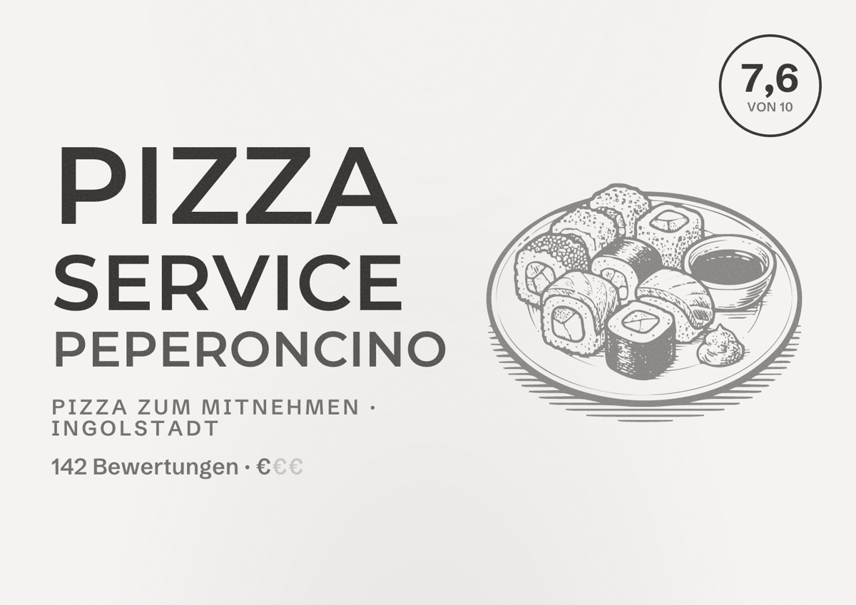 Illustriertes Poster von Pizza Service Peperoncino, Pizza zum Mitnehmen in Ingolstadt: Bewertung 7,6 von 10 aus 142 Bewertungen, Preisniveau €