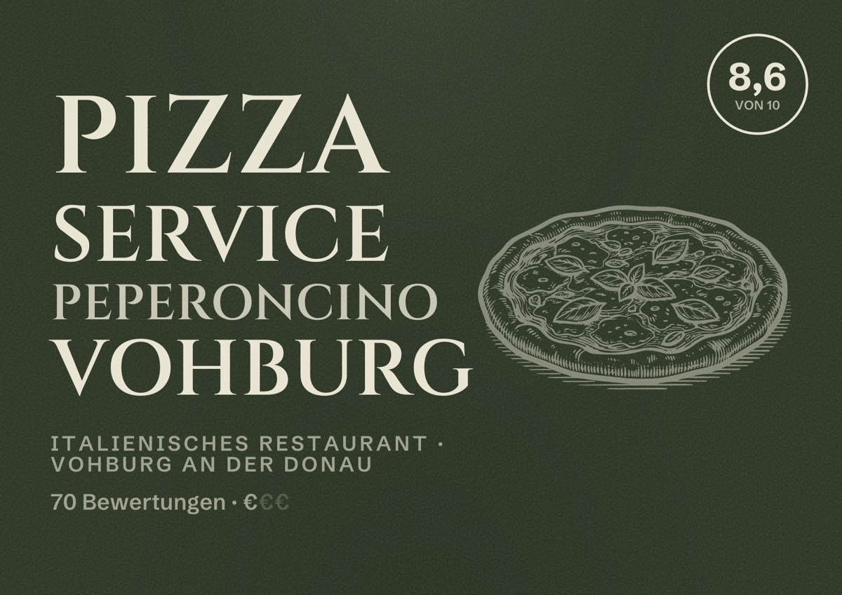 Illustriertes Poster von Pizza Service Peperoncino Vohburg, Italienisches Restaurant in Vohburg an der Donau: Bewertung 8,6 von 10 aus 70 Bewertungen, Preisniveau €