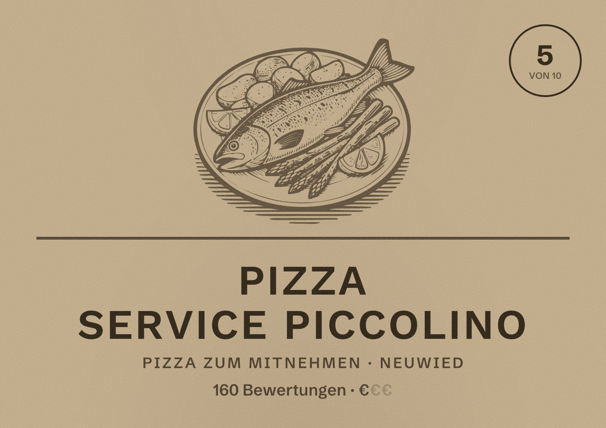Illustriertes Poster von Pizza Service Piccolino, Pizza zum Mitnehmen in Neuwied: Bewertung 5 von 10 aus 160 Bewertungen, Preisniveau €