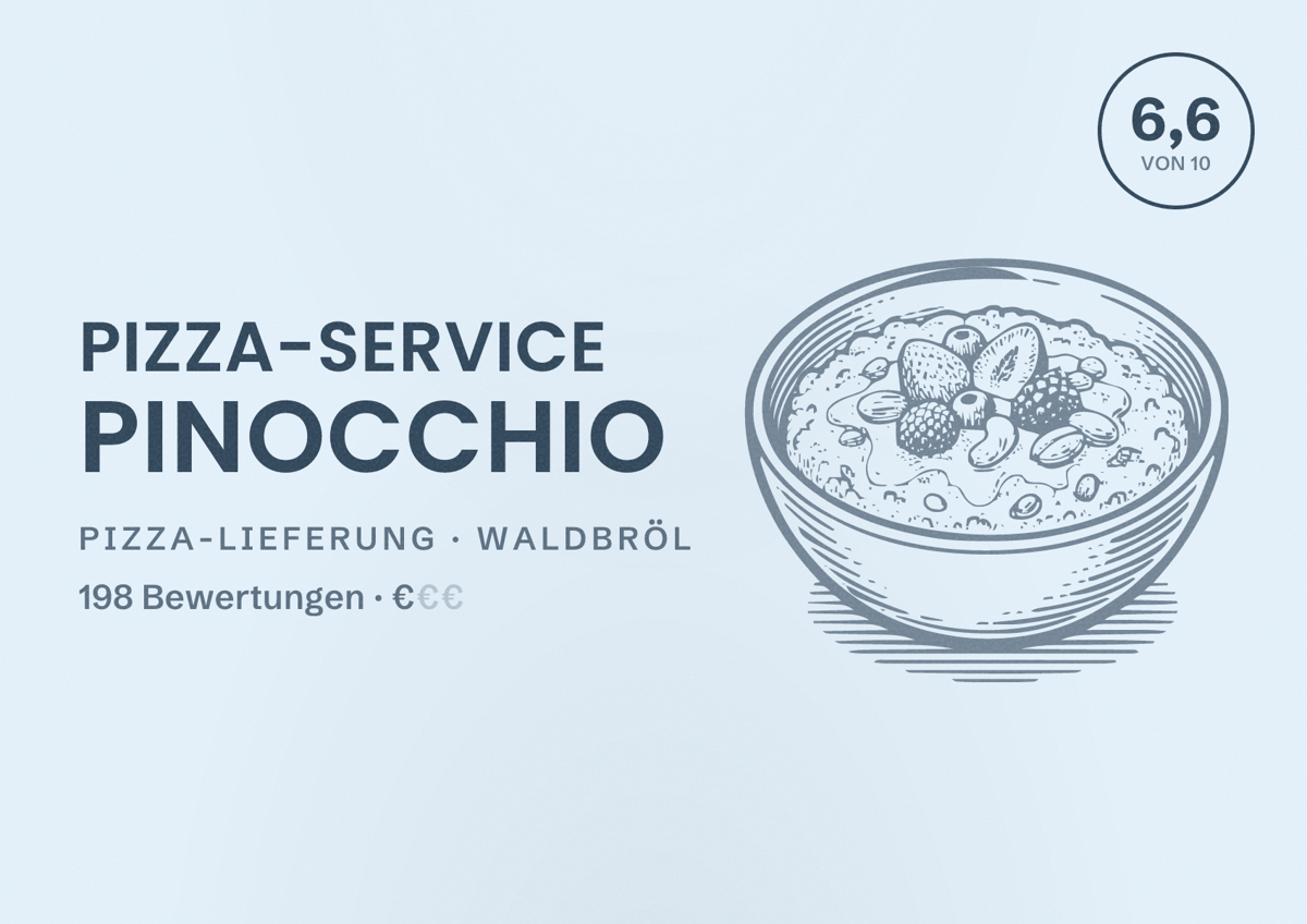 Illustriertes Poster von Pizza-Service Pinocchio, Pizza-Lieferung in Waldbröl: Bewertung 6,6 von 10 aus 198 Bewertungen, Preisniveau €