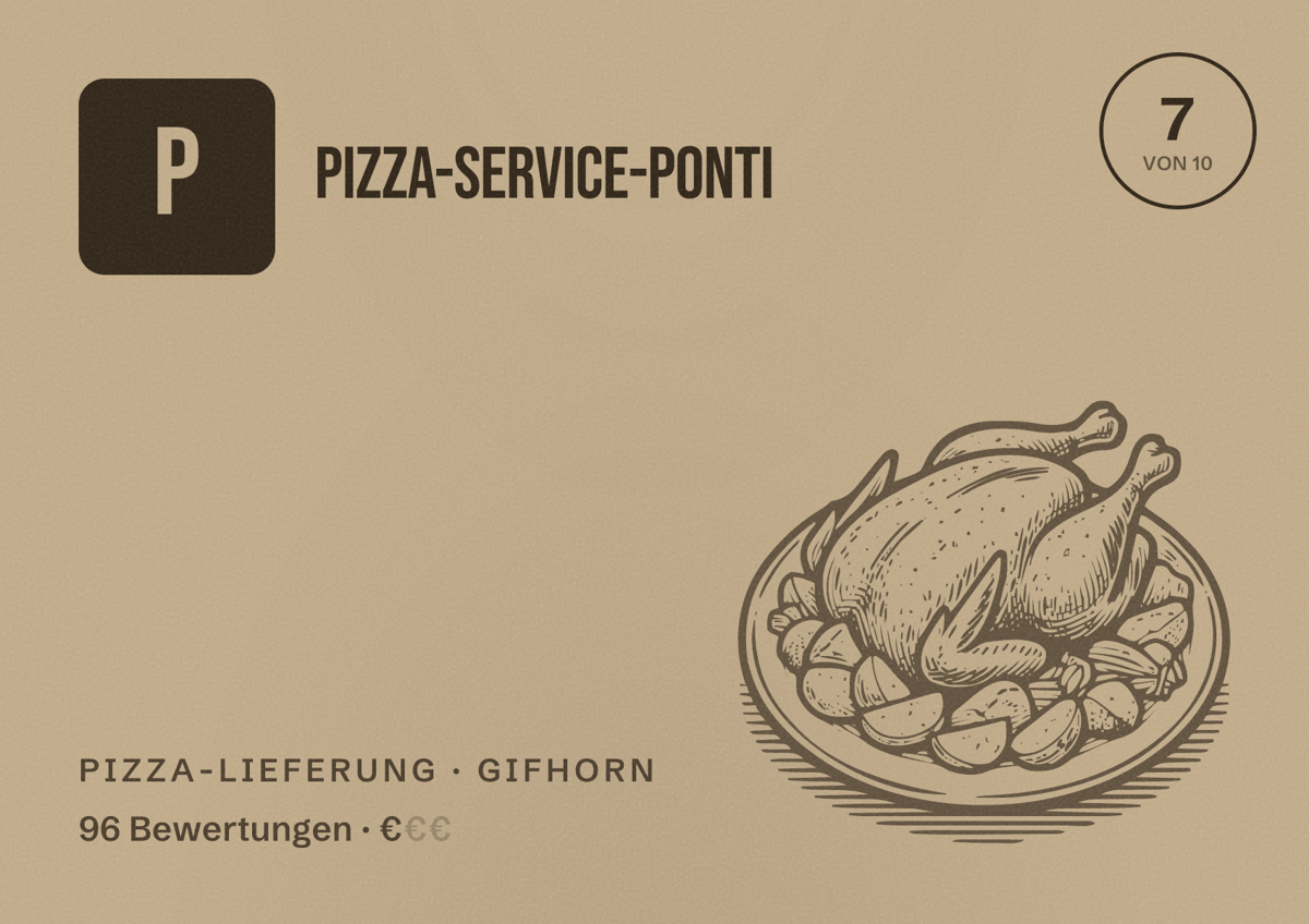 Illustriertes Poster von Pizza-Service-Ponti, Pizza-Lieferung in Gifhorn: Bewertung 7 von 10 aus 96 Bewertungen, Preisniveau €