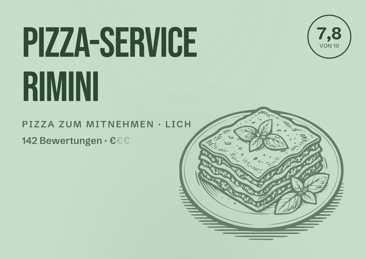 Illustriertes Poster von Pizza-Service Rimini, Pizza zum Mitnehmen in Lich: Bewertung 7,8 von 10 aus 142 Bewertungen, Preisniveau €