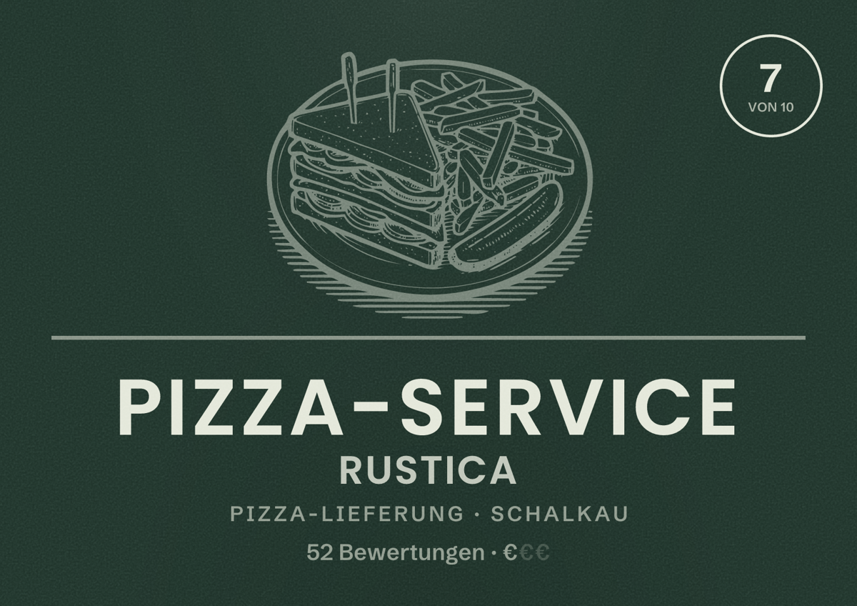 Illustriertes Poster von Pizza-Service Rustica, Pizza-Lieferung in Schalkau: Bewertung 7 von 10 aus 52 Bewertungen, Preisniveau €