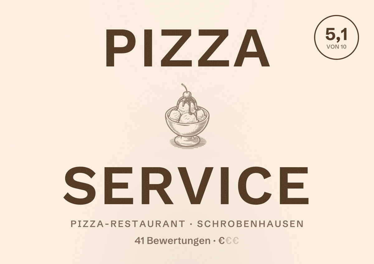 Illustriertes Poster von PIZZA SERVICE, Pizza-Restaurant in Schrobenhausen: Bewertung 5,1 von 10 aus 41 Bewertungen, Preisniveau €