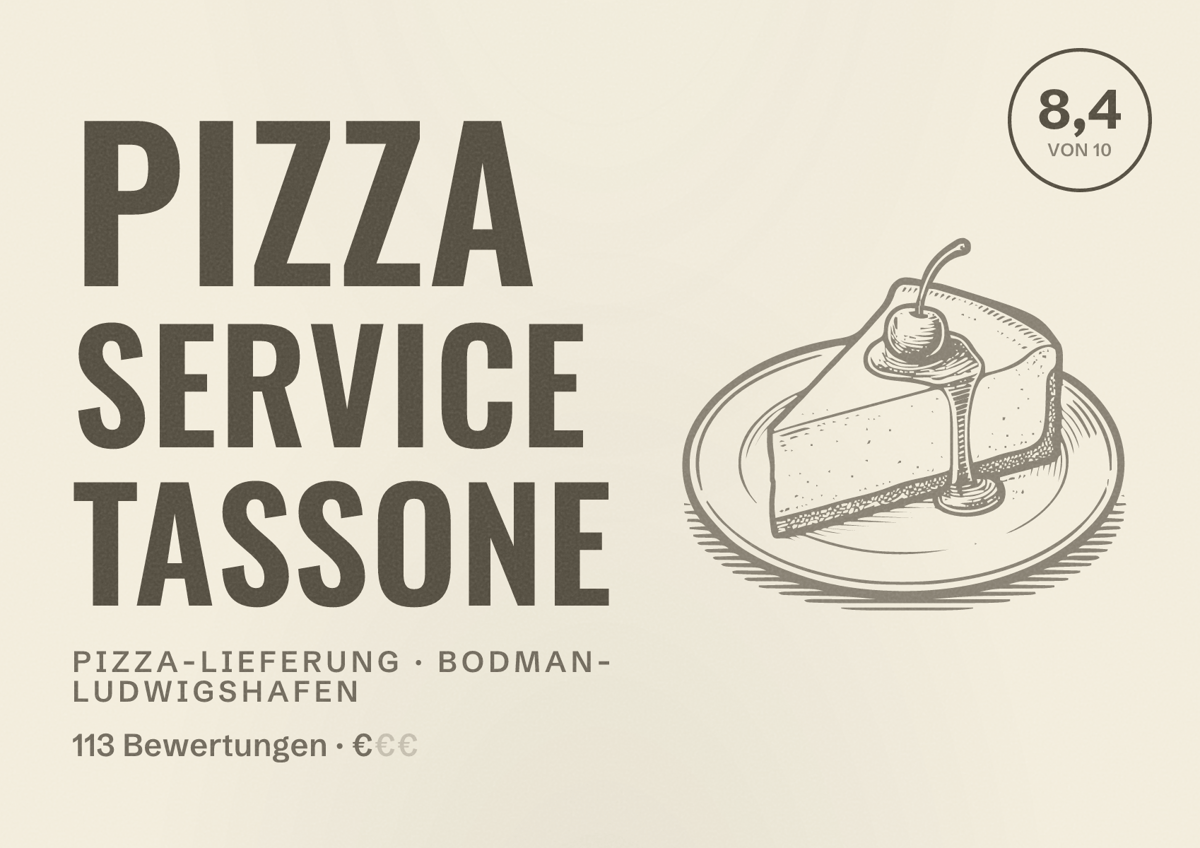Illustriertes Poster von Pizza Service Tassone, Pizza-Lieferung in Bodman-Ludwigshafen: Bewertung 8,4 von 10 aus 113 Bewertungen, Preisniveau €