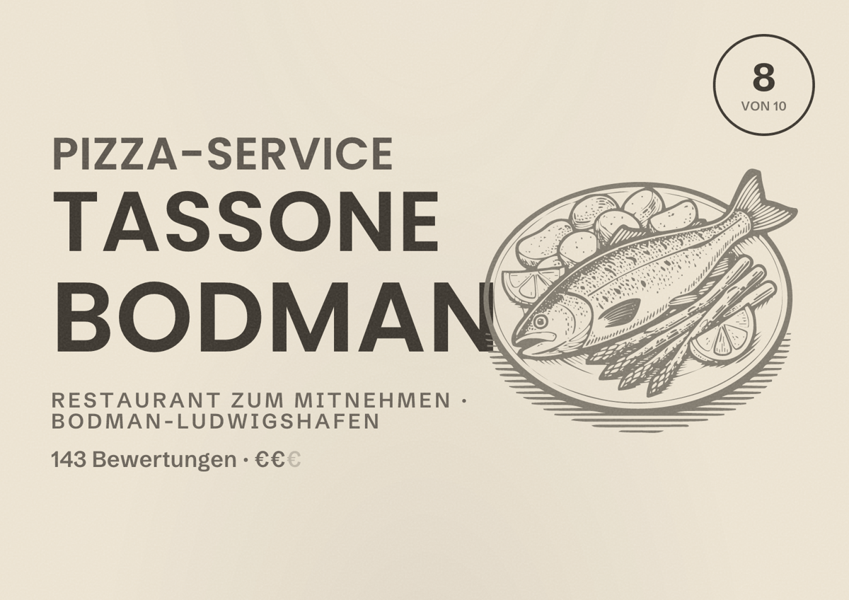 Illustriertes Poster von Pizza-Service Tassone Bodman, Restaurant zum Mitnehmen in Bodman-Ludwigshafen: Bewertung 8 von 10 aus 143 Bewertungen, Preisniveau €€