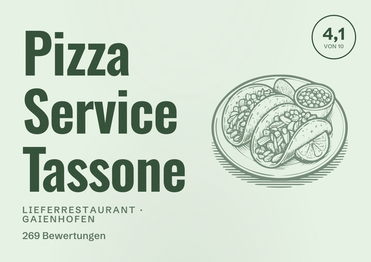 Illustriertes Poster von Pizza Service Tassone, Lieferrestaurant in Gaienhofen: Bewertung 4,1 von 10 aus 269 Bewertungen
