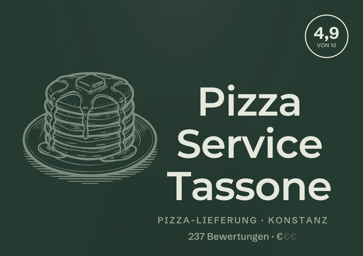 Illustriertes Poster von Pizza Service Tassone, Pizza-Lieferung in Konstanz: Bewertung 4,9 von 10 aus 237 Bewertungen, Preisniveau €