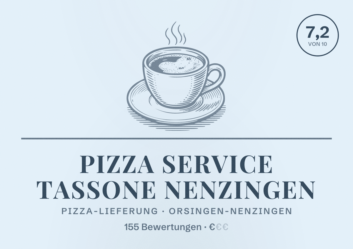 Illustriertes Poster von Pizza Service Tassone Nenzingen, Pizza-Lieferung in Orsingen-Nenzingen: Bewertung 7,2 von 10 aus 155 Bewertungen, Preisniveau €