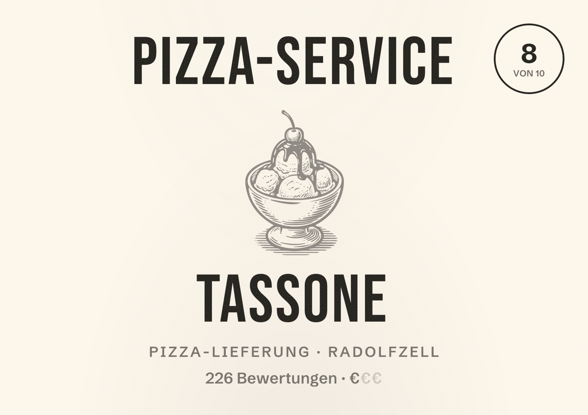 Illustriertes Poster von Pizza-Service Tassone, Pizza-Lieferung in Radolfzell: Bewertung 8 von 10 aus 226 Bewertungen, Preisniveau €