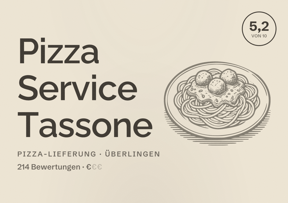 Illustriertes Poster von Pizza Service Tassone, Pizza-Lieferung in Überlingen: Bewertung 5,2 von 10 aus 214 Bewertungen, Preisniveau €