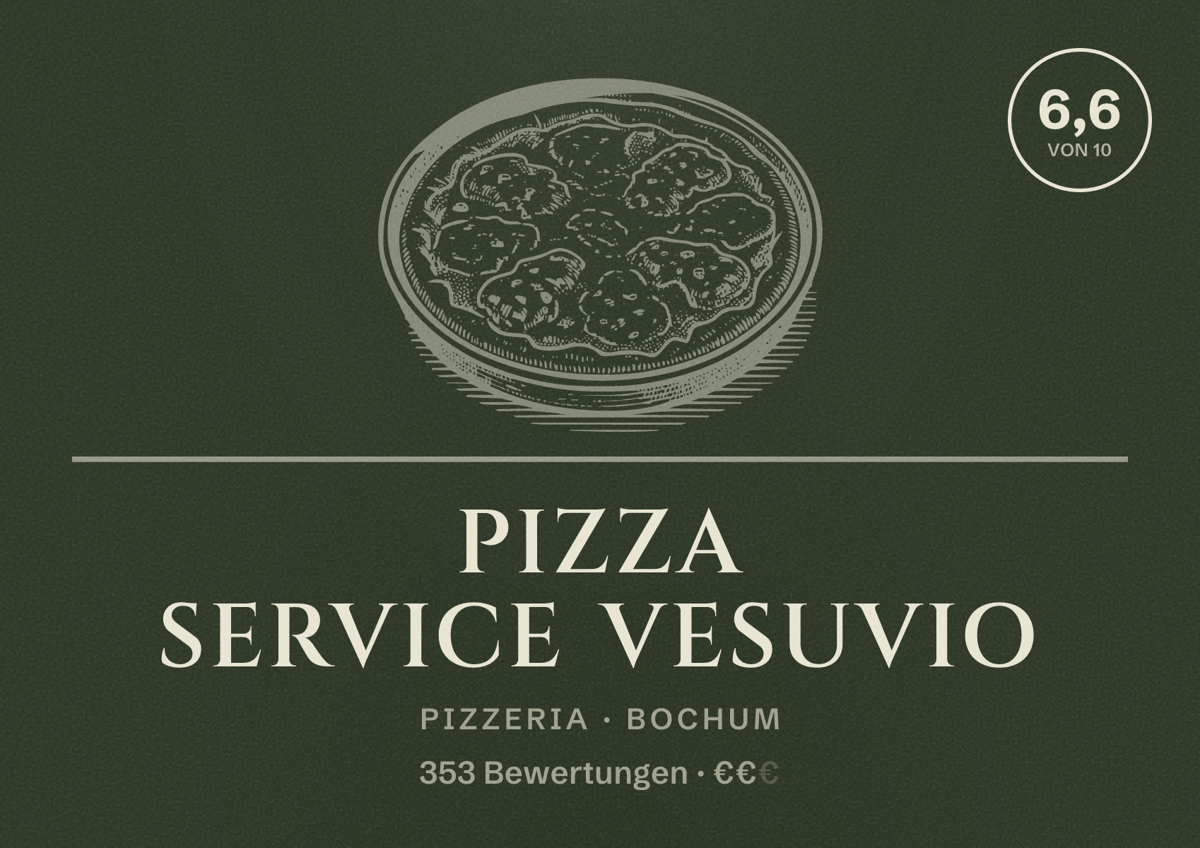 Illustriertes Poster von Pizza Service Vesuvio, Pizzeria in Bochum: Bewertung 6,6 von 10 aus 353 Bewertungen, Preisniveau €€