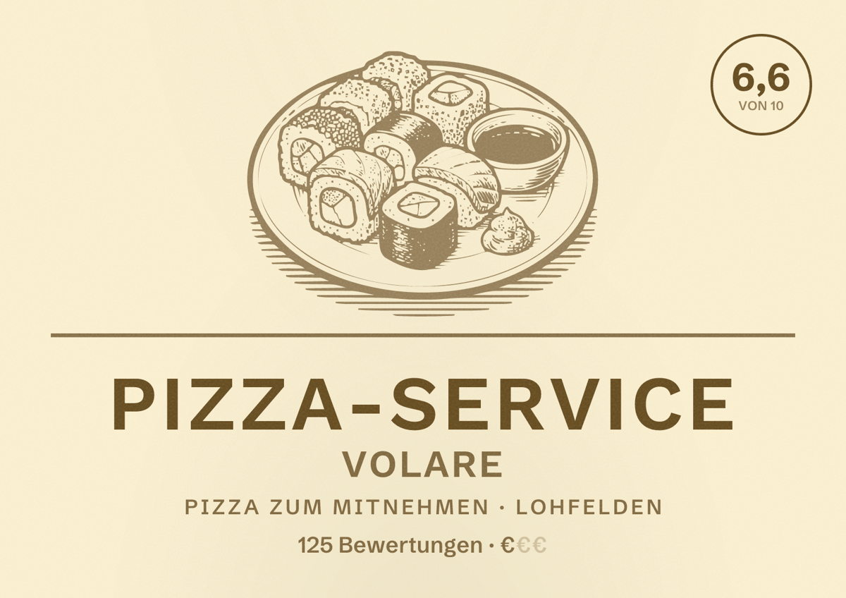 Illustriertes Poster von Pizza-Service Volare, Pizza zum Mitnehmen in Lohfelden: Bewertung 6,6 von 10 aus 125 Bewertungen, Preisniveau €