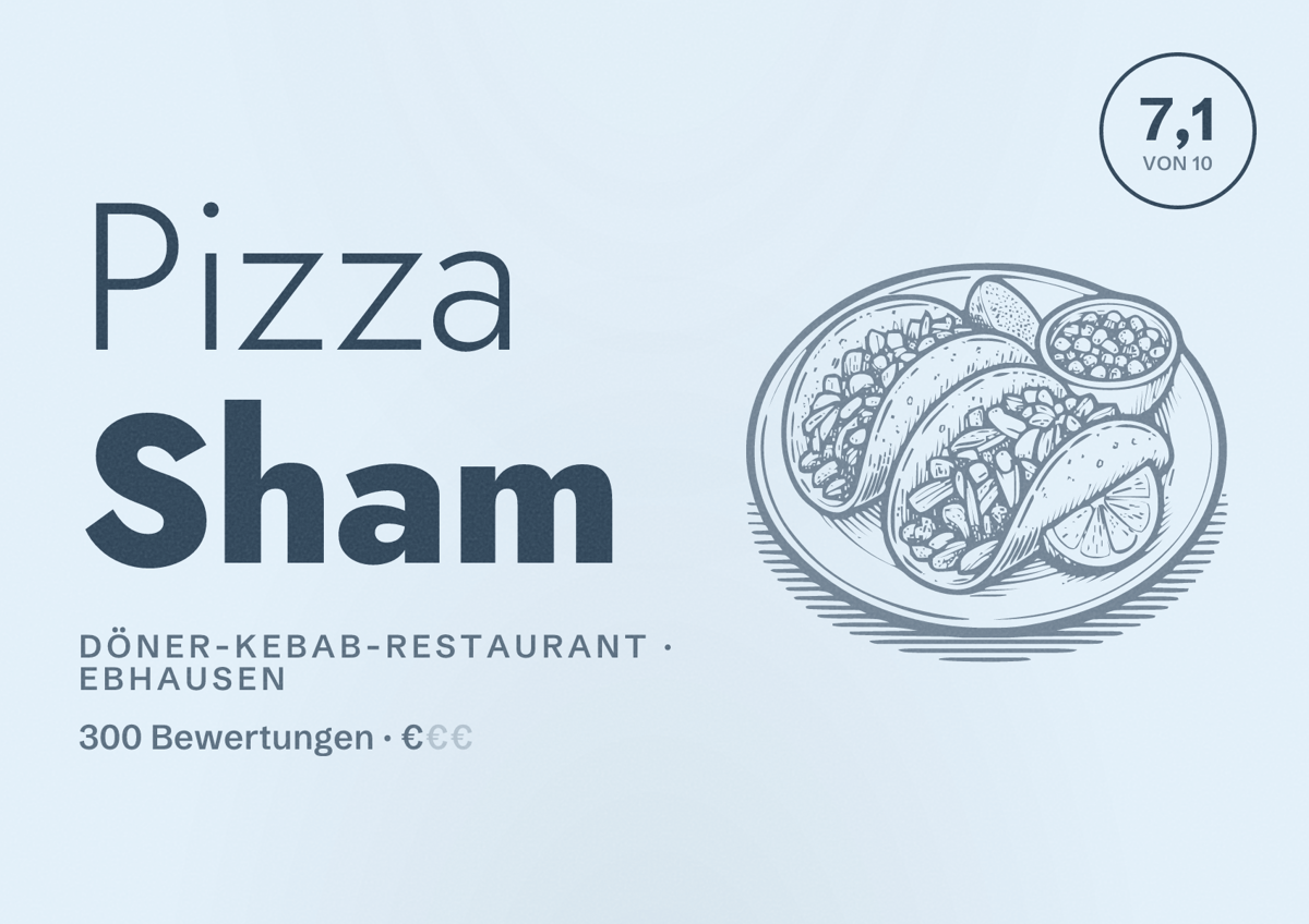Illustriertes Poster von Pizza Sham, Döner-Kebab-Restaurant in Ebhausen: Bewertung 7,1 von 10 aus 300 Bewertungen, Preisniveau €