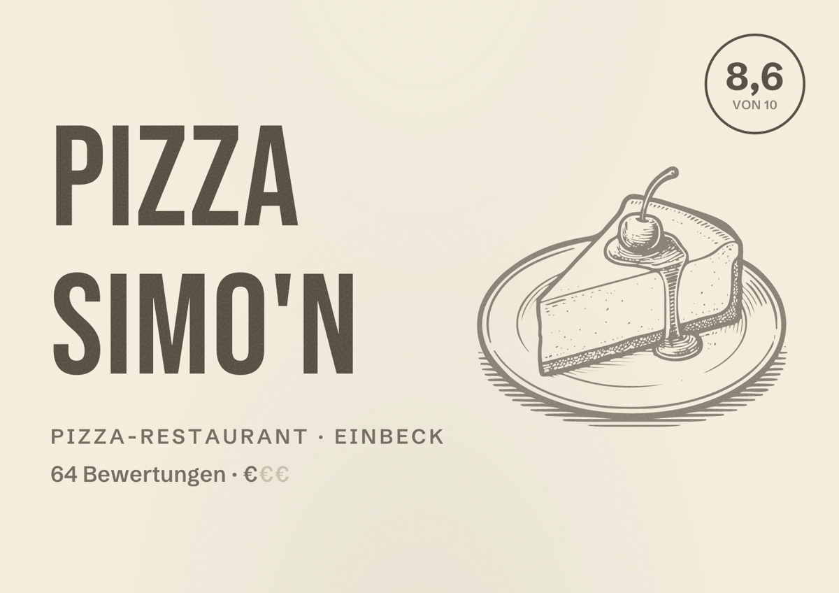 Illustriertes Poster von Pizza Simo'n, Pizza-Restaurant in Einbeck: Bewertung 8,6 von 10 aus 64 Bewertungen, Preisniveau €