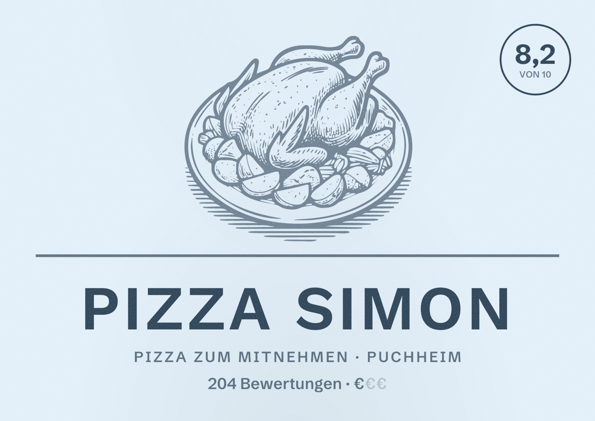 Illustriertes Poster von Pizza Simon, Pizza zum Mitnehmen in Puchheim: Bewertung 8,2 von 10 aus 204 Bewertungen, Preisniveau €