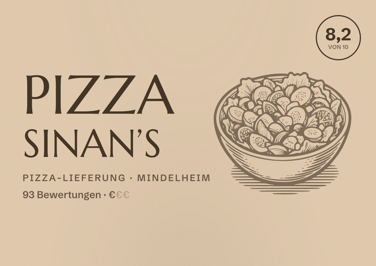 Illustriertes Poster von Pizza Sinan’s, Pizza-Lieferung in Mindelheim: Bewertung 8,2 von 10 aus 93 Bewertungen, Preisniveau €