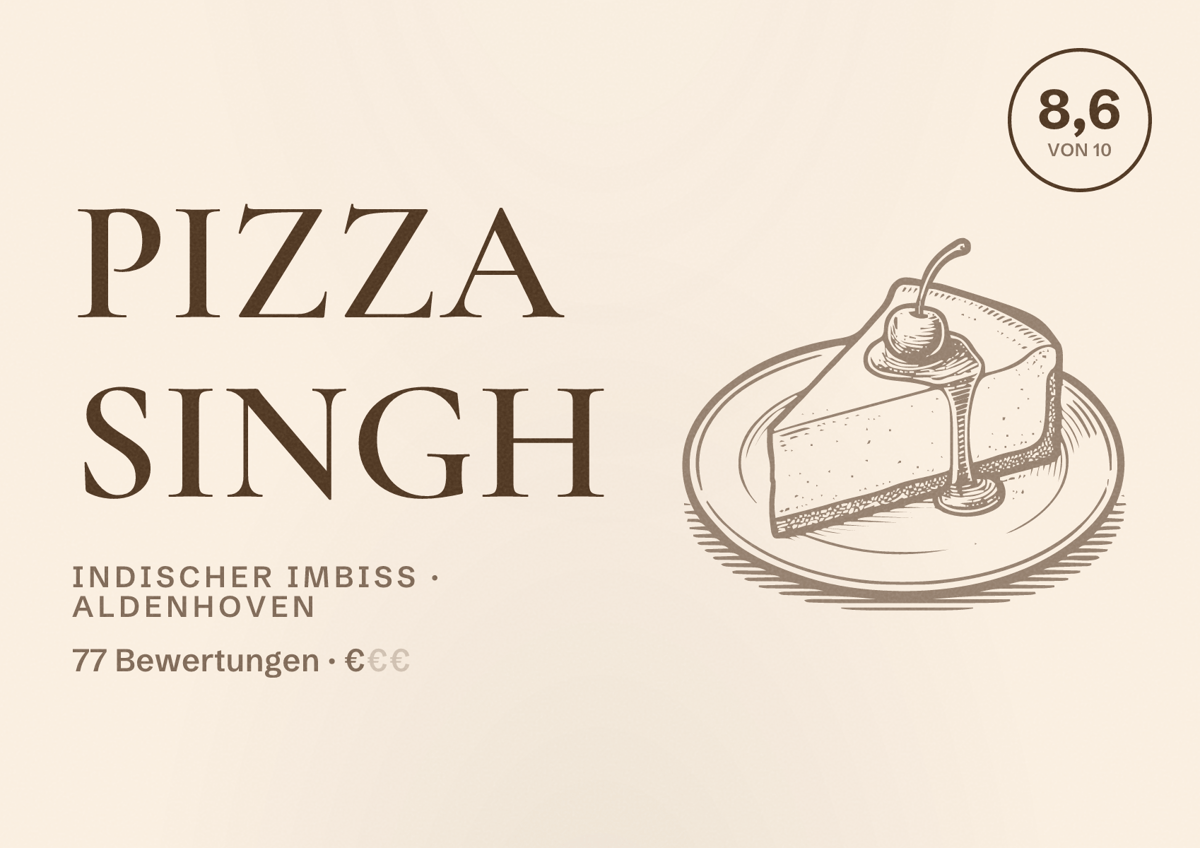 Illustriertes Poster von Pizza Singh, Indischer Imbiss in Aldenhoven: Bewertung 8,6 von 10 aus 77 Bewertungen, Preisniveau €