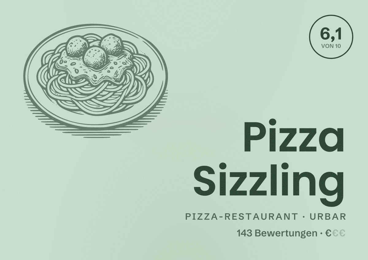 Illustriertes Poster von Pizza Sizzling, Pizza-Restaurant in Urbar: Bewertung 6,1 von 10 aus 143 Bewertungen, Preisniveau €