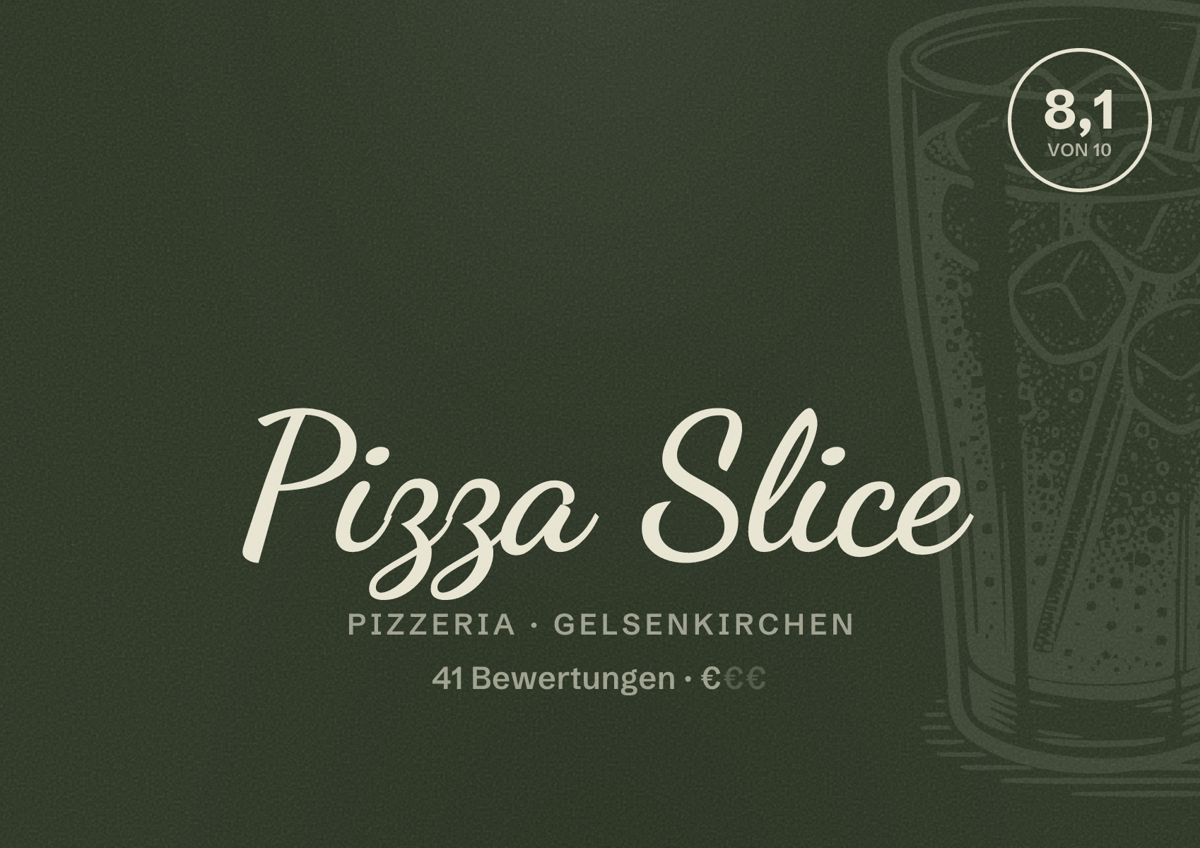 Illustriertes Poster von Pizza Slice, Pizzeria in Gelsenkirchen: Bewertung 8,1 von 10 aus 41 Bewertungen, Preisniveau €