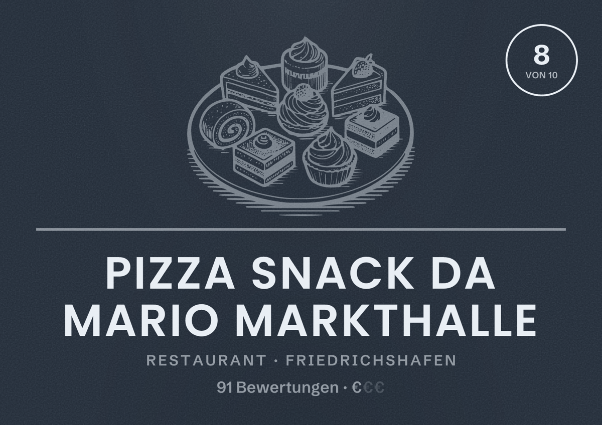 Illustriertes Poster von Pizza Snack Da Mario Markthalle, Restaurant in Friedrichshafen: Bewertung 8 von 10 aus 91 Bewertungen, Preisniveau €