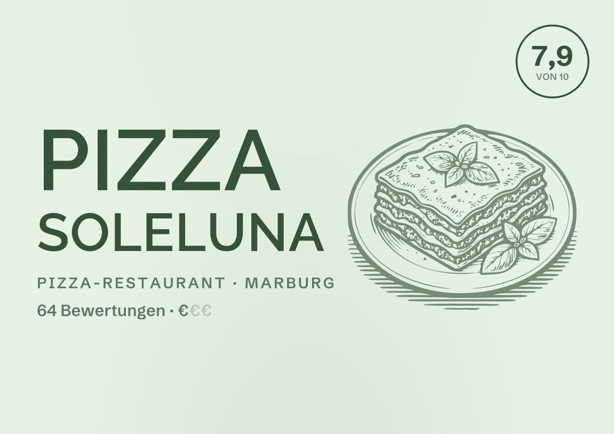 Illustriertes Poster von Pizza SoleLuna, Pizza-Restaurant in Marburg: Bewertung 7,9 von 10 aus 64 Bewertungen, Preisniveau €